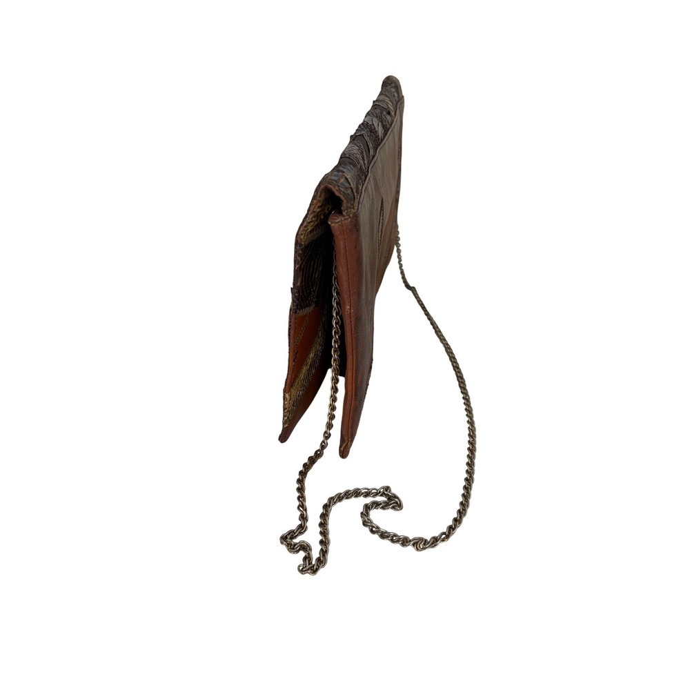Vintage Patchwork Snakeskin Leather Clutch Brown Exotic Skin Chain Shoulder Bag - Picture 4 of 5